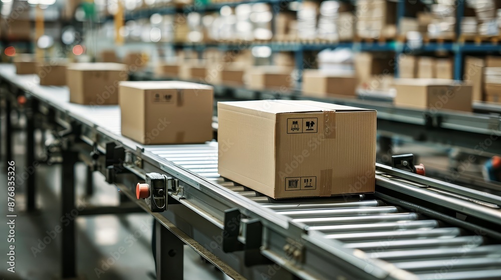 Cardboard boxes on conveyor belt in warehouse, ecommerce fulfillment, automation