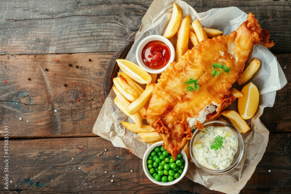 British national traditional fast food fish and chips with assorted dips, fresh peas, on paper, rustic brown wooden background, top view. Battered fried fish, potato chips, tartare and ketchup sauce