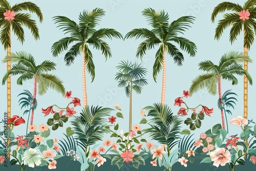 Chinoiserie Mural Exotic Palm Trees and Floral Border, modern flat vector concept illustration , rule of thirds composition shot, add copyspace for text