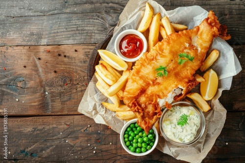 British national traditional fast food fish and chips with assorted dips, fresh peas, on paper, rustic brown wooden background, top view. Battered fried fish, potato chips, tartare and ketchup sauce