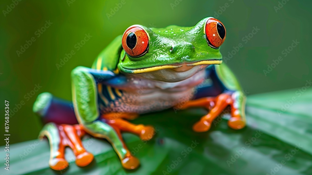 Fototapeta premium A red-eyed tree frog sits on a leaf in a rainforest