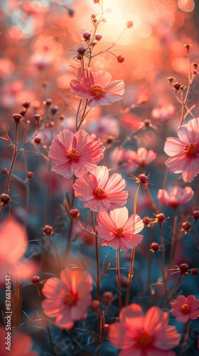 Serene pink wildflowers basking in the gentle golden light of sunset, creating a tranquil and enchanting meadow scene.