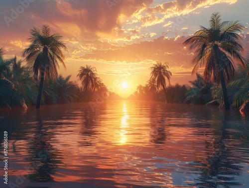 Serene tropical sunset over a calm river lined with palm trees, reflecting vibrant orange and purple hues in the water.