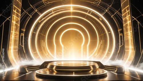 Empty product display podium with advanced technology sci fi golden background