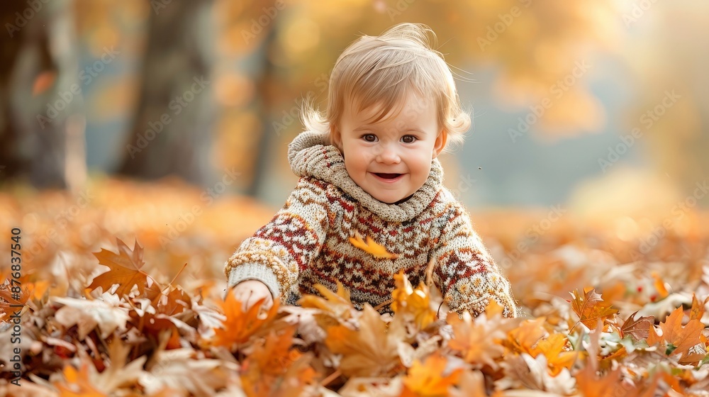 Happy Baby in Autumn Leaves. Happy Baby in Autumn Leaves.
