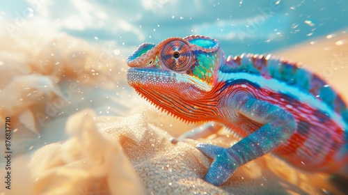 Vibrant chameleon in a surreal desert landscape with vivid colors and dreamy atmosphere under a bright sky. photo