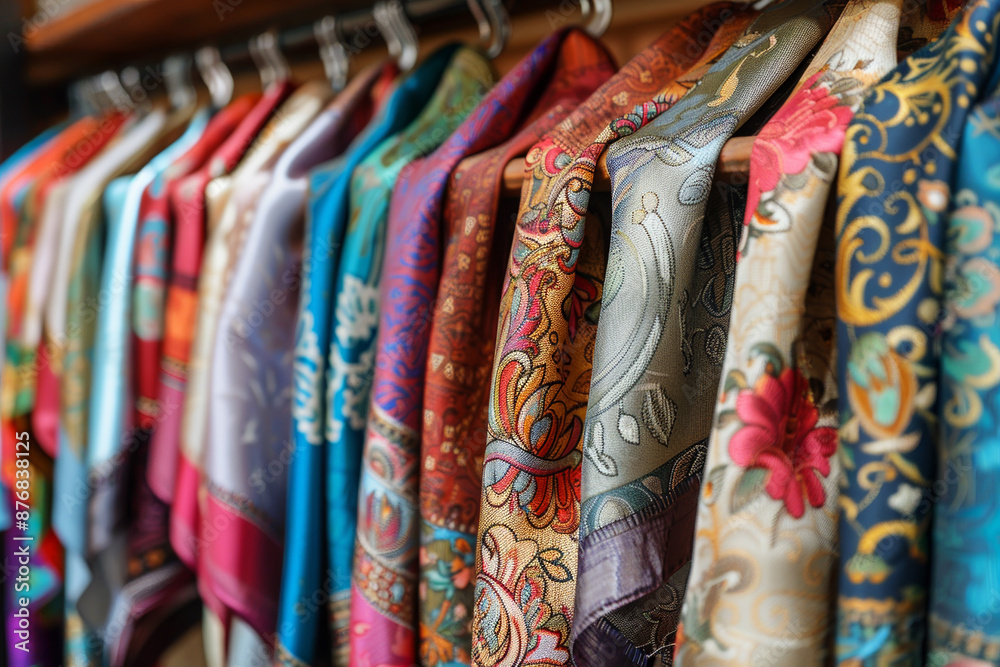 A row of colorful clothing hanging on a rack A row of colorful clothing hanging on a rack