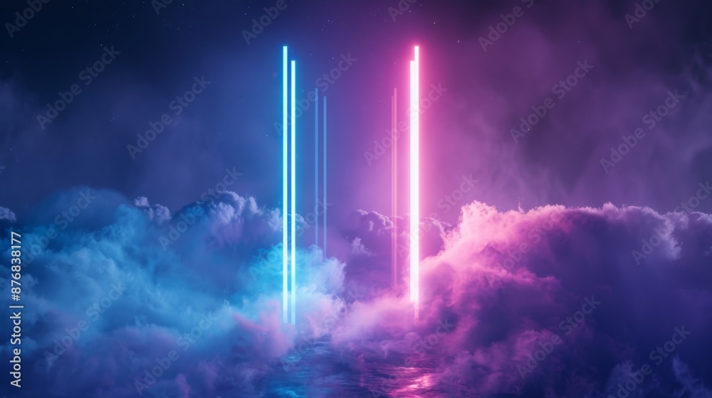 Fototapeta premium abstract minimal background, pink blue neon glowing vertical lines with copy space, illuminated stormy clouds, glowing geometric shape