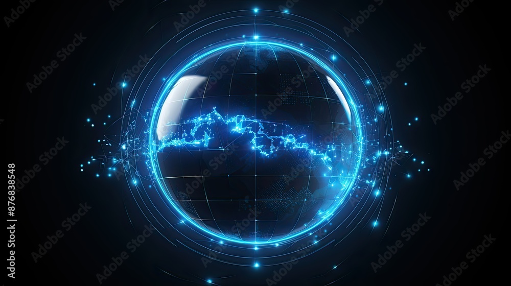 Obraz premium Blue planet with glowing energy lines and circuit patterns