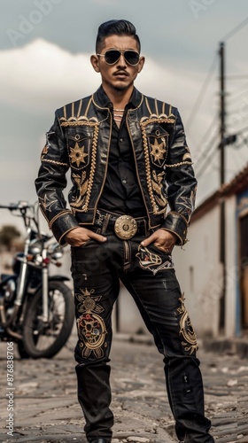 A man in a leather jacket and jeans stands in a city street