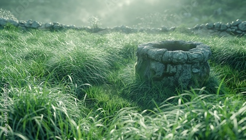 A weathered stone well stands in a foggy, dewy morning landscape, surrounded by tall grasses, evoking a sense of mystery, solitude, and ancient rural beauty. photo