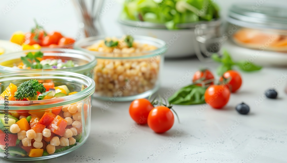 Healthy meal prep containers with various ingredients for a balanced diet. Healthy meal prep containers with various ingredients for a balanced diet.