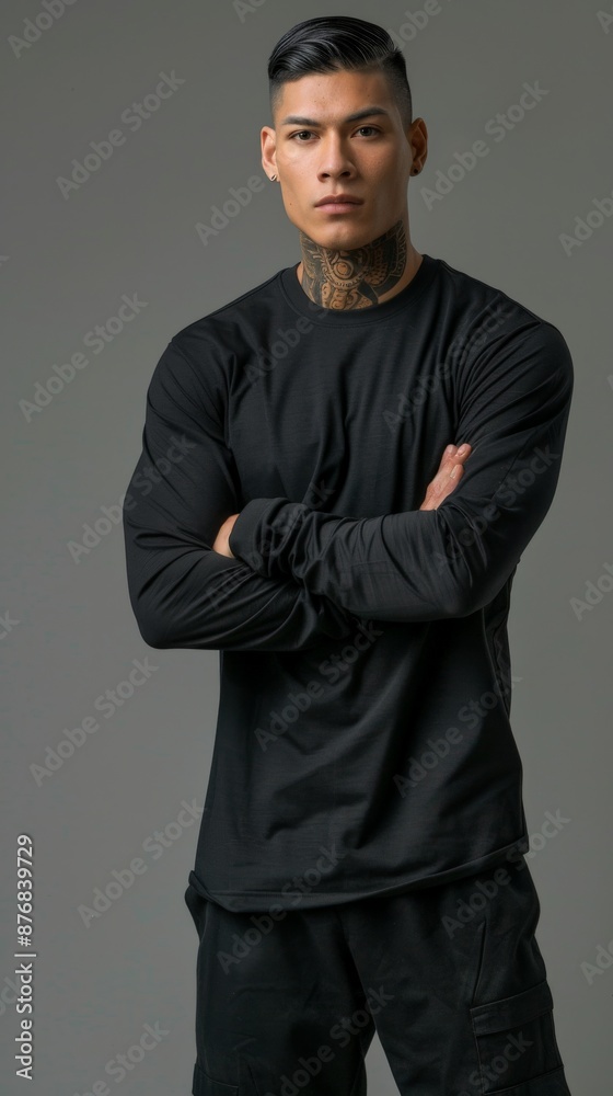 A young man with a serious expression, wearing a black long-sleeved shirt and black pants