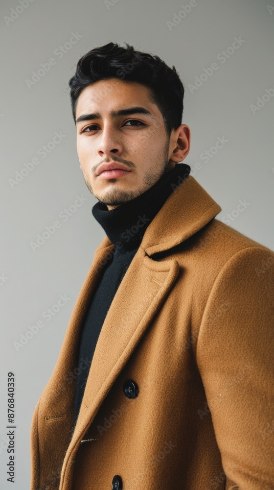 Obraz premium A handsome man poses in a brown overcoat and black turtleneck