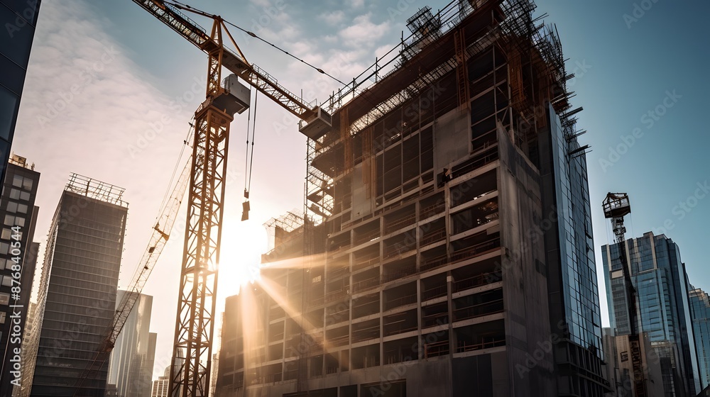 A towering construction crane is lifting heavy materials on a construction site in a busy city. Surrounded by skyscrapers. It's intricate details and metallic surface glisten under the afternoon sun. A towering construction crane is lifting heavy materials on a construction site in a busy city. Surrounded by skyscrapers. It's intricate details and metallic surface glisten under the afternoon sun.