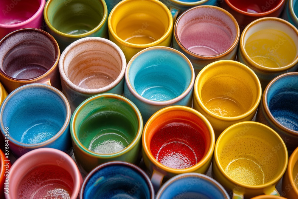 A row of colorful cups with different shades of blue, green, yellow, and red. The cups are arranged in a way that they are all facing the same direction A row of colorful cups with different shades of blue, green, yellow, and red. The cups are arranged in a way that they are all facing the same direction