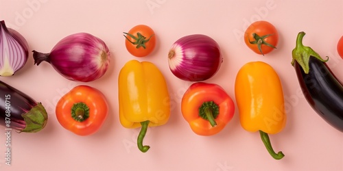 A row of vegetables including onions, peppers, tomatoes, and eggplant. The vegetables are arranged in a line on a pink background