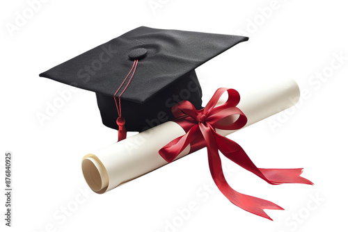 Graduation cap and diploma with red ribbon symbolizing academic achievement and success, perfect for educational and celebratory themes.