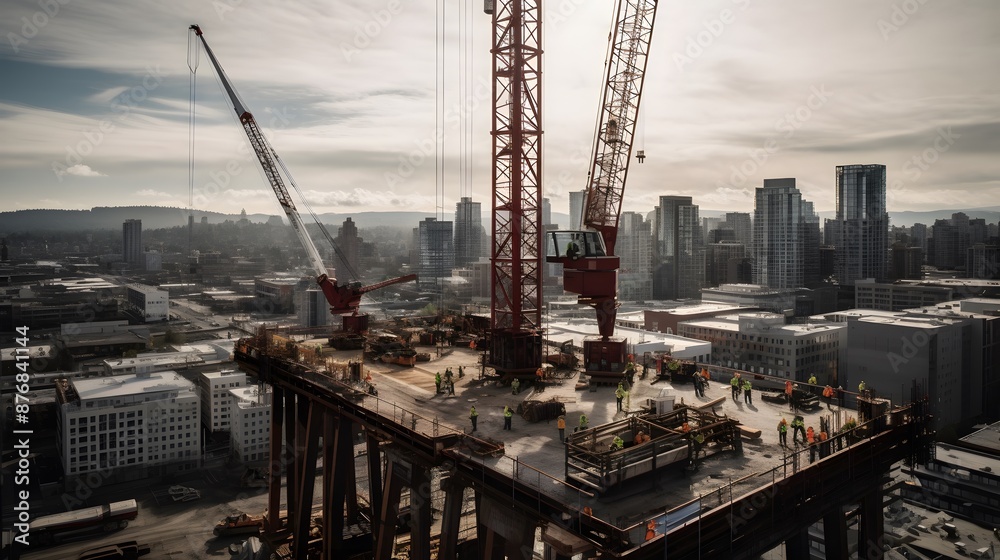 A towering construction crane is lifting heavy materials on a construction site in a busy city. Surrounded by skyscrapers. It's intricate details and metallic surface glisten under the afternoon sun. A towering construction crane is lifting heavy materials on a construction site in a busy city. Surrounded by skyscrapers. It's intricate details and metallic surface glisten under the afternoon sun.
