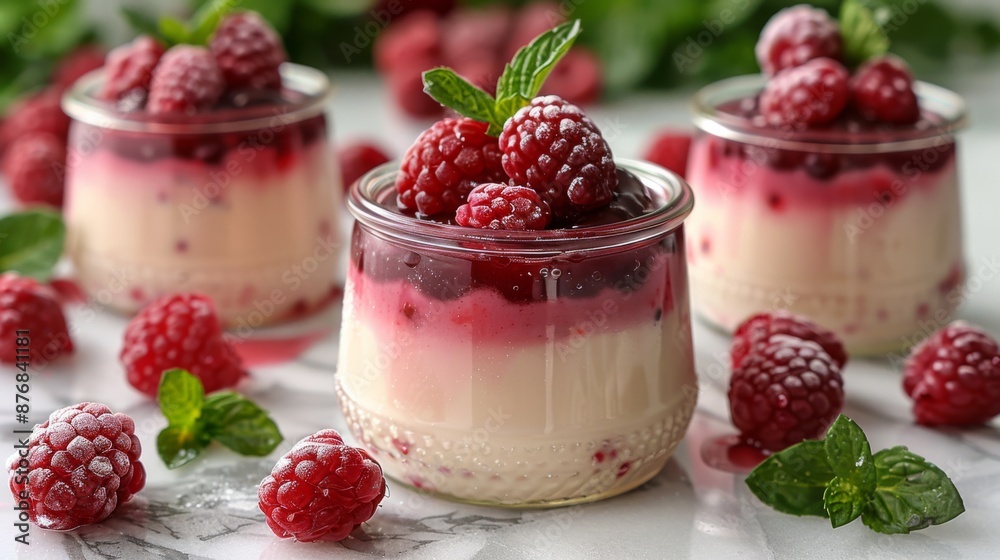 Panna cotta with a drizzle of raspberry coulis, served in individual glass jars on a polished granite surface Panna cotta with a drizzle of raspberry coulis, served in individual glass jars on a polished granite surface