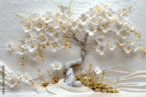 High-resolution 3D wallpaper of a tree with white flowers, gold leaves, light background, in relief sculpture style.
