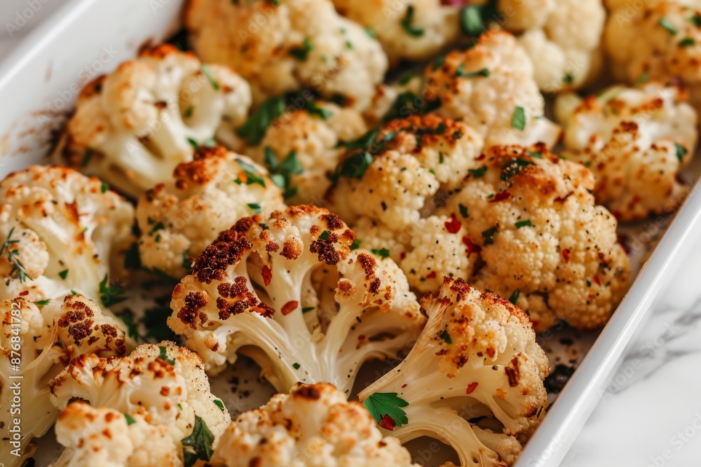 Close up of baked cauliflower with herbs in white ceramic tray, top view. Vegetarian healthy food, clean eating concept background. Close up of baked cauliflower with herbs in white ceramic tray, top view. Vegetarian healthy food, clean eating concept background.