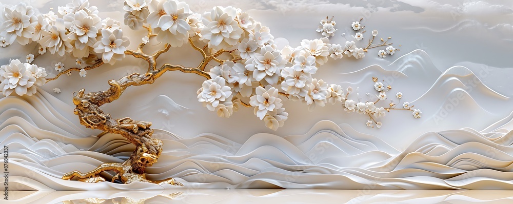 High-resolution 3D wallpaper of a tree, white flowers, gold branches, light background, in relief sculpture style. High-resolution 3D wallpaper of a tree, white flowers, gold branches, light background, in relief sculpture style.