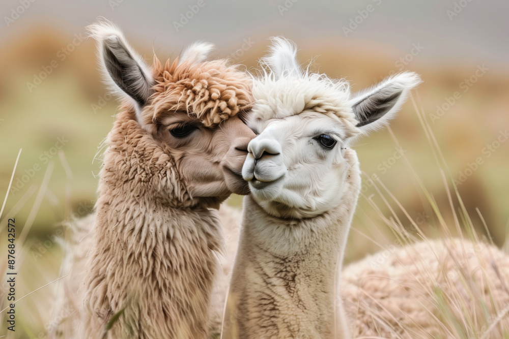 Obraz premium Two adorable alpacas nuzzling affectionately in a grassy field, showcasing their fluffy coats and gentle nature in a serene outdoor setting.