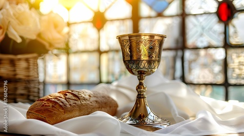 Chalice wine bread, Eucharist Holy Communion Christian religious sacrament altar