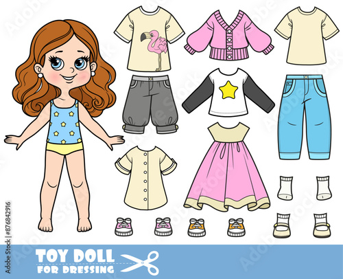 Cartoon brunette girl  and clothes separately -  dress, jacket, long sleeve, shirt, shorts, sandals, jeans and sneakers doll for dressing