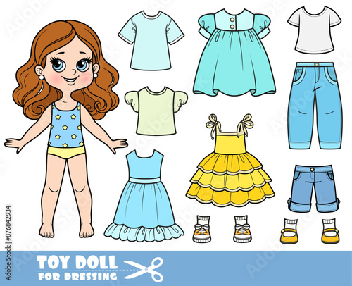 Cartoon brunette girl  and clothes separately -  dresses, sundress, shirt, shorts, sandals, jeans and sneakers