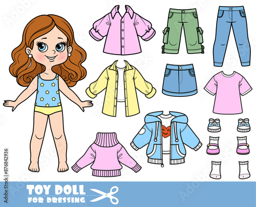 Cartoon brunette girl and clothes separately - jacket, long sleeve, shirt, shorts, skirt, sweater, sandals, jeans and sneakers