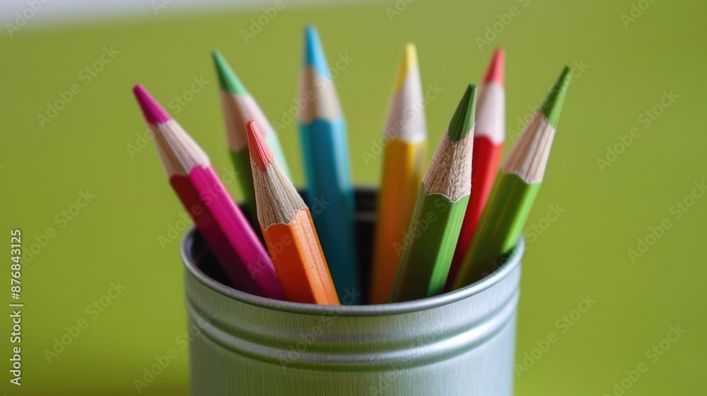Colored pencils in a tin on a green surface Colored pencils in a tin on a green surface
