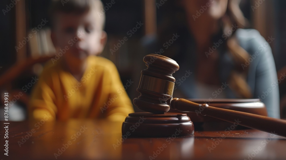 Cute child and mother at table with gavel of judge blurred in background, family law concept Cute child and mother at table with gavel of judge blurred in background, family law concept