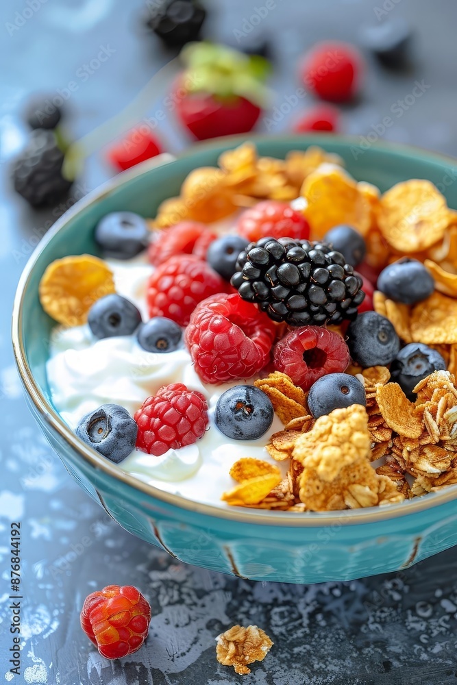 Cereal with yogurt and mixed berries, top view, colorful and nutritious breakfast , rule of thirds composition shot, add copyspace for text Cereal with yogurt and mixed berries, top view, colorful and nutritious breakfast , rule of thirds composition shot, add copyspace for text