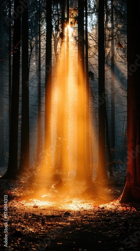 Sunbeam illuminating a forest floor creating an ethereal glow