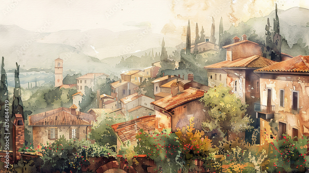 Obraz premium A painting of a small town with houses and a church