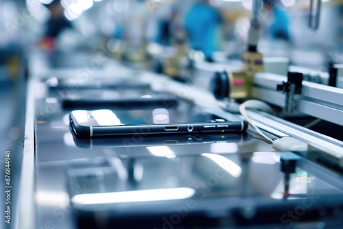 Wallpaper Mural Smartphones on a hightech assembly line in a factory environment with advanced machinery. Electronics manufacturing, industrial automation, technology production, tech industry concept. Torontodigital.ca