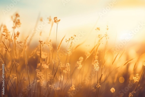 Fototapeta Naklejka Na Ścianę i Meble -  Yellow flowers and grass meadow landscape sunlight outdoors.