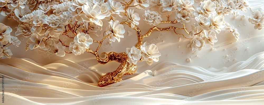 3D wallpaper of a detailed tree with white flowers, gold branches, light background, in relief sculpture style. 3D wallpaper of a detailed tree with white flowers, gold branches, light background, in relief sculpture style.