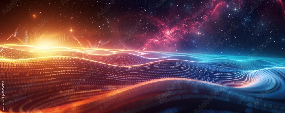 Gravitational waves rippling through the cosmos, digital illustration, dark space, glowing lines, vibrant colors, abstract, high-tech visual, space phenomenon Gravitational waves rippling through the cosmos, digital illustration, dark space, glowing lines, vibrant colors, abstract, high-tech visual, space phenomenon