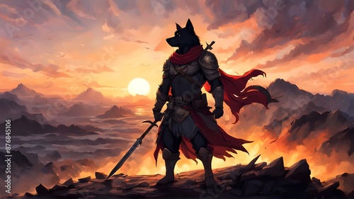 Captain Dog warrior in the sunset view