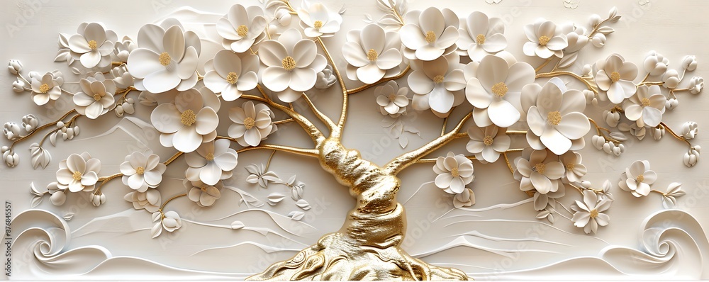 3D wallpaper featuring a tree with white flowers, gold branches, light background, highly detailed relief sculpture. 3D wallpaper featuring a tree with white flowers, gold branches, light background, highly detailed relief sculpture.