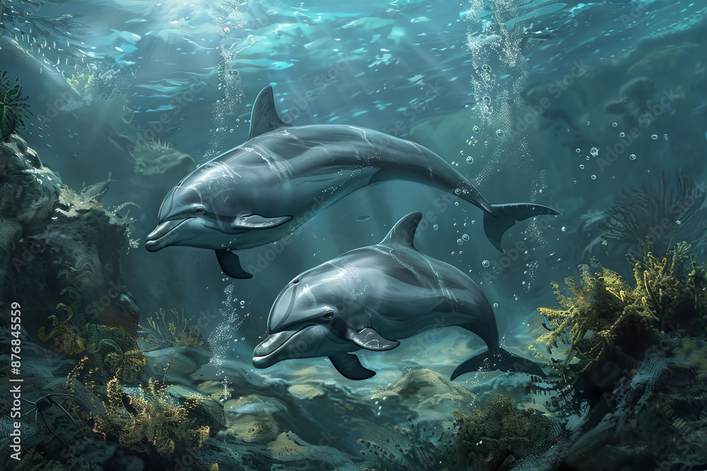 Naklejka premium Two dolphins swimming in the ocean