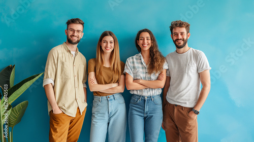 Young start up creative business team standing and laughing looking at camera on blue background, Using natural light.
