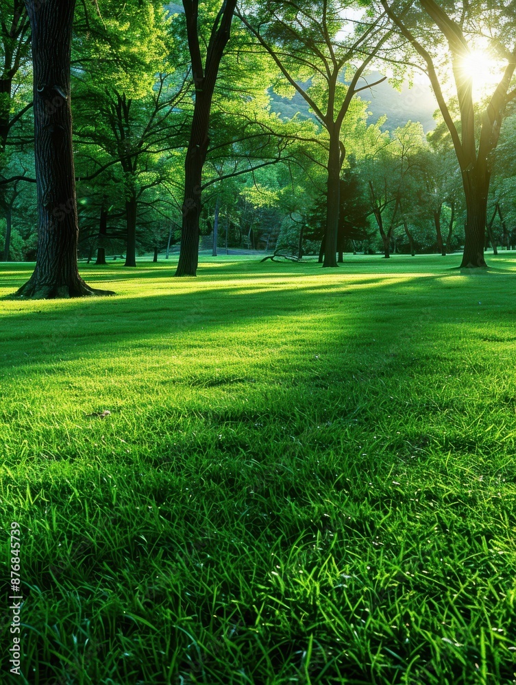Obraz premium Sunlight filtering through trees onto a grassy park creating a peaceful setting
