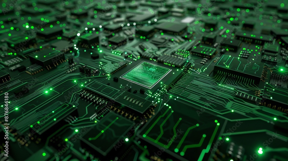 Illuminated Green Circuit Board with Central Microchip Illuminated Green Circuit Board with Central Microchip