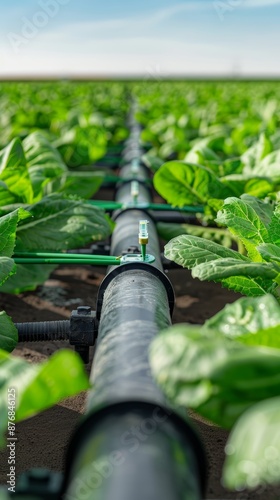 High-definition image of a drip irrigation system in a thriving agroindustry