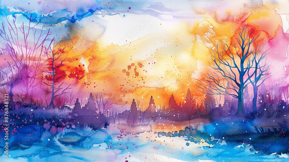 Fototapeta premium A painting of a forest with trees and a river