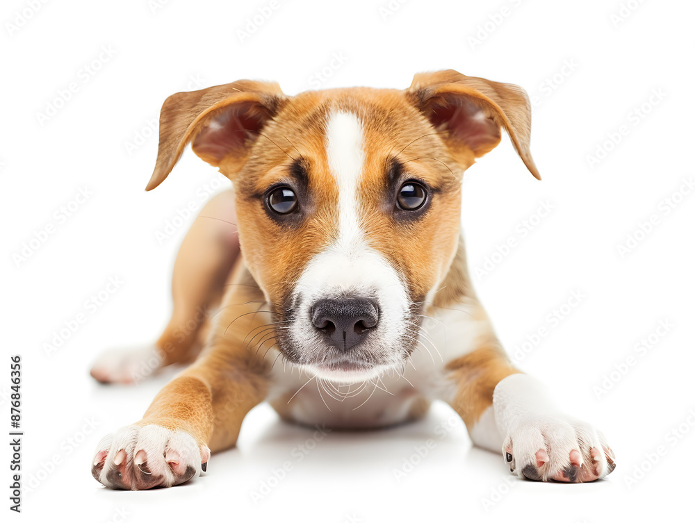 Adorable white Jack Russell Terrier puppy with brown markings, playfully posed in a bright studio portrait Adorable white Jack Russell Terrier puppy with brown markings, playfully posed in a bright studio portrait